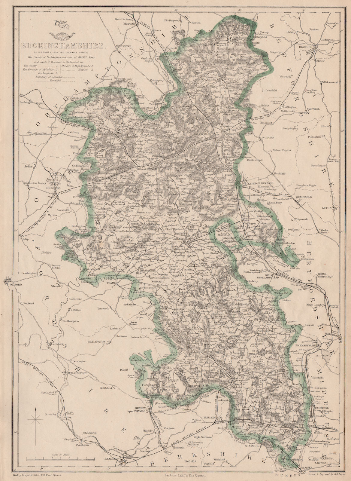 BUCKINGHAMSHIRE. Antique county map. Railways canals. BR DAVIES 1862 old